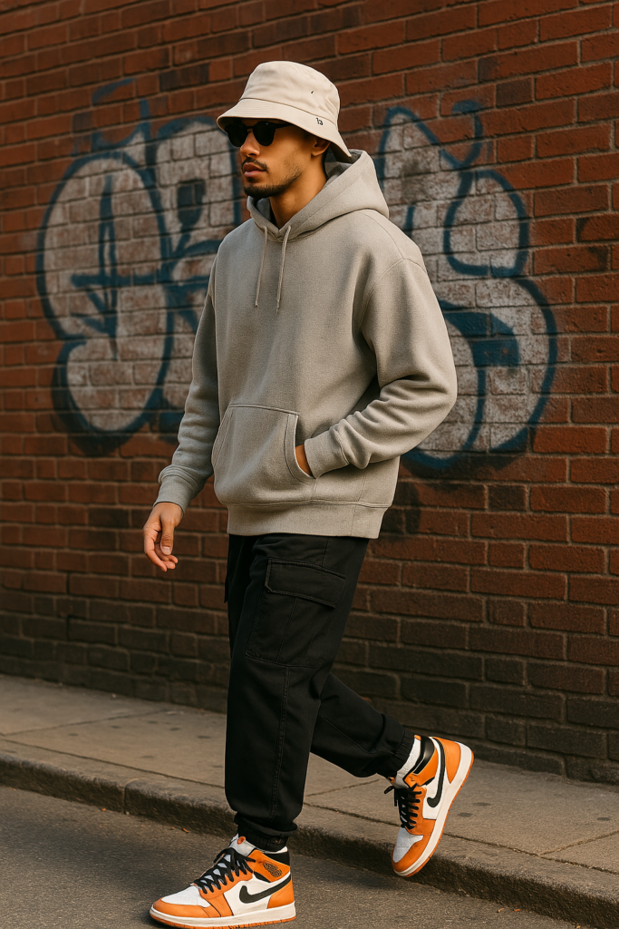 Amerikan sokak modası stilinde giyinmiş genç bir adam; hoodie, bucket şapka ve Air Jordan ayakkabılarla şehirde yürüyor.